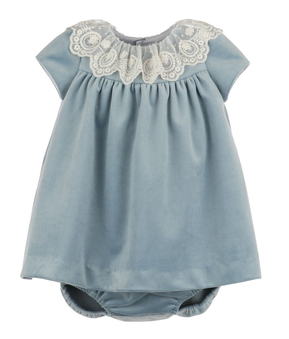 Luli & Me Girls Deluxe Velvet Float Dress - Lace Collar - French Blue