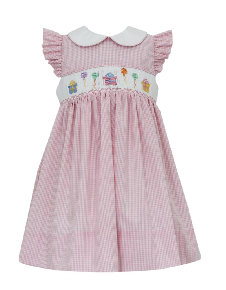 Petit Bebe Baby Girls Pink Gingham Dress with Collar - Smocked Birthday Party