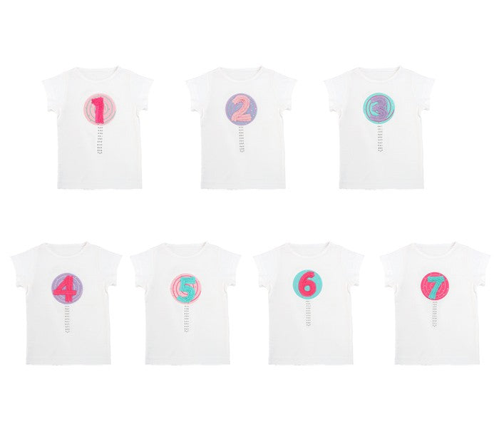 Lemon Loves Lime Girls Birthday Shirts - Colorful Birth Year Lollipops on White Shirt