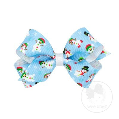 Wee Ones Girls Grosgrain Holiday Print Hair Bow - Blue Snowman