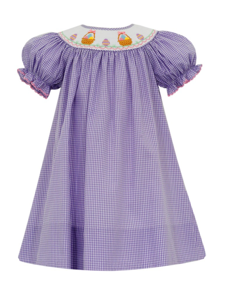 Petit Bebe Girls Lavender Gingham Dress - Smocked Easter Baskets - Bishop by Petit Bebe
