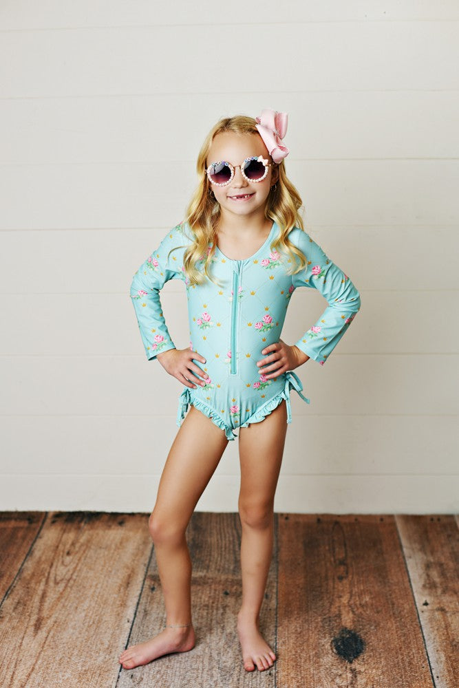 Swoon Baby Girls UPF 50 Zip Front Rash Guard Swimsuit - Aqua with Pink Flowers