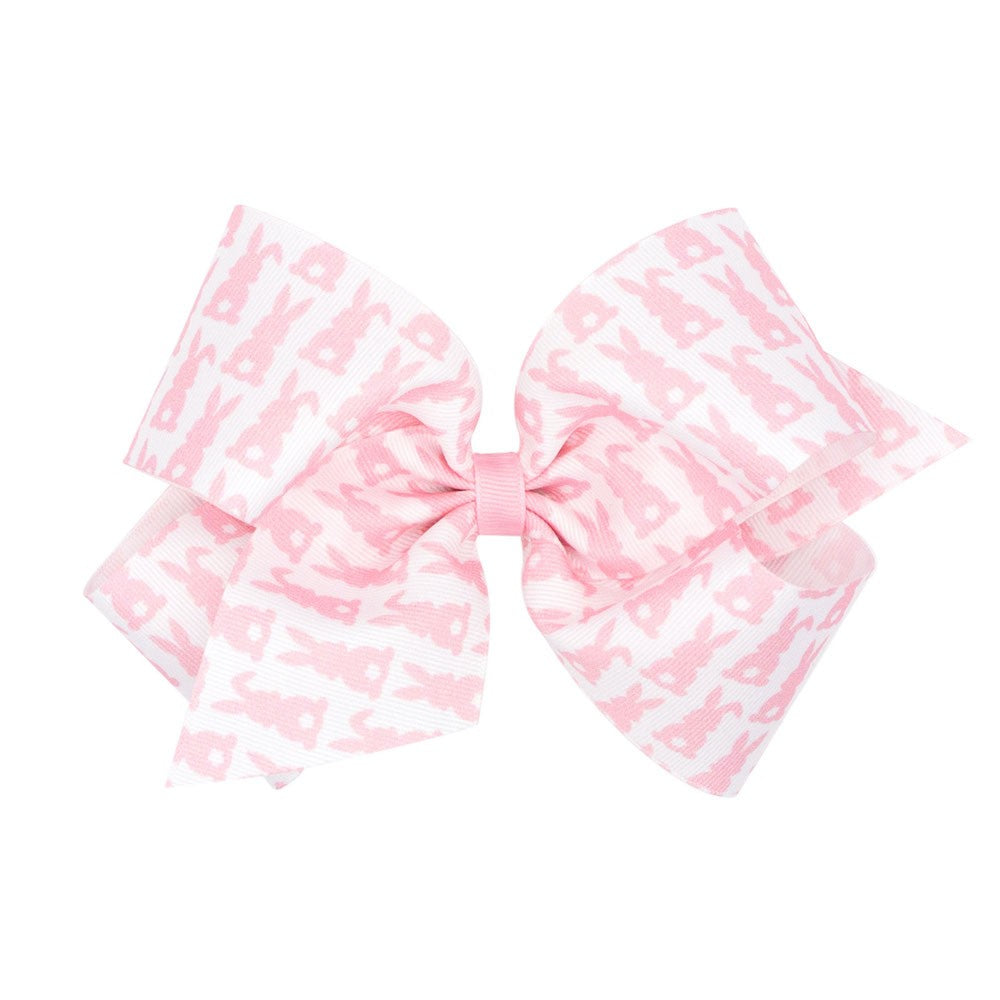 Wee Ones Girls Hair Bow - White with Light Pink Easter Bunny Print