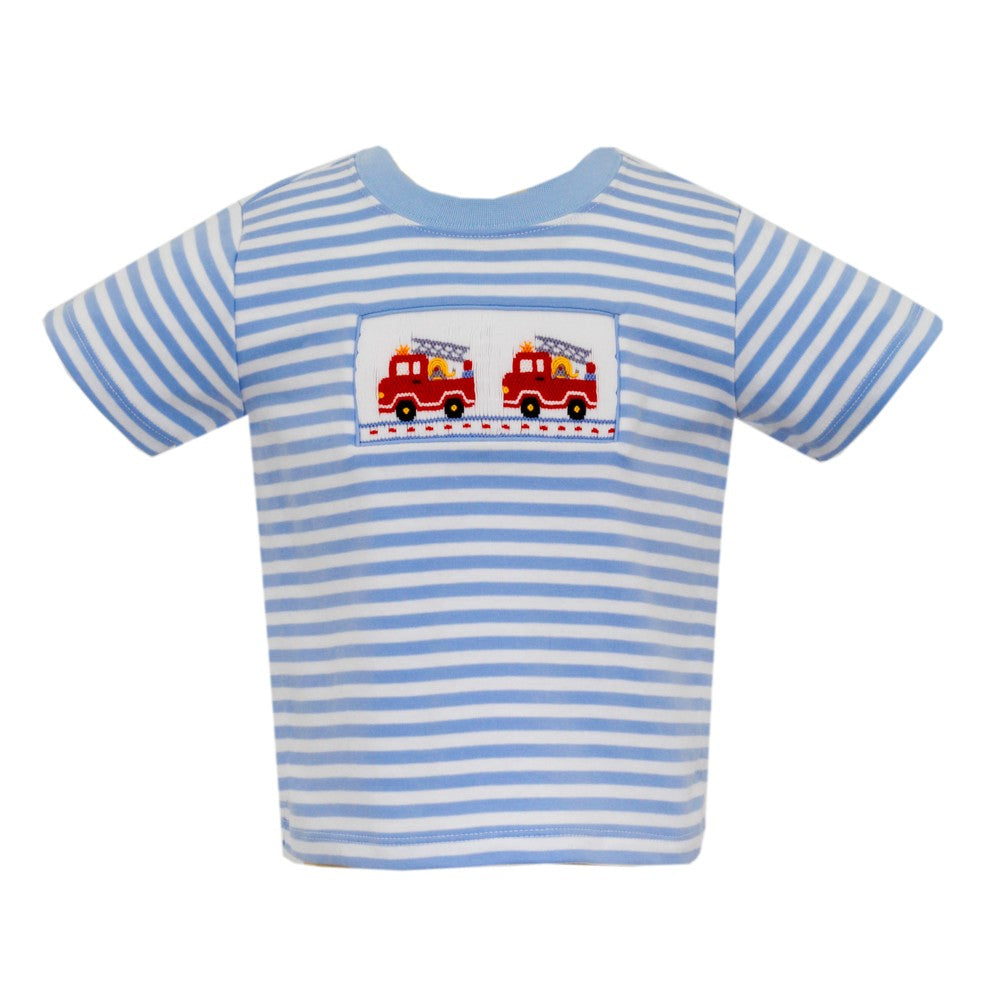 Anavini Velani Boys Light Blue Striped Shirt - Smocked Red Firetrucks