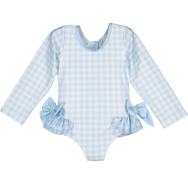 Sal & Pimenta Girls Long Sleeve Rash Guard One Piece Swimsuit with Bows - Blue Gingham