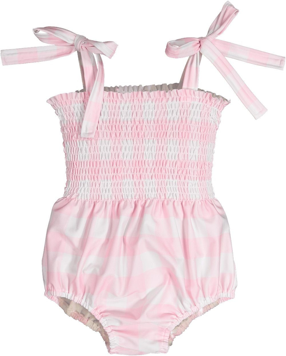 Sal & Pimenta Girls Swimsuit - Buffalo Check - Pink - Smocked with Ties at Shoulders