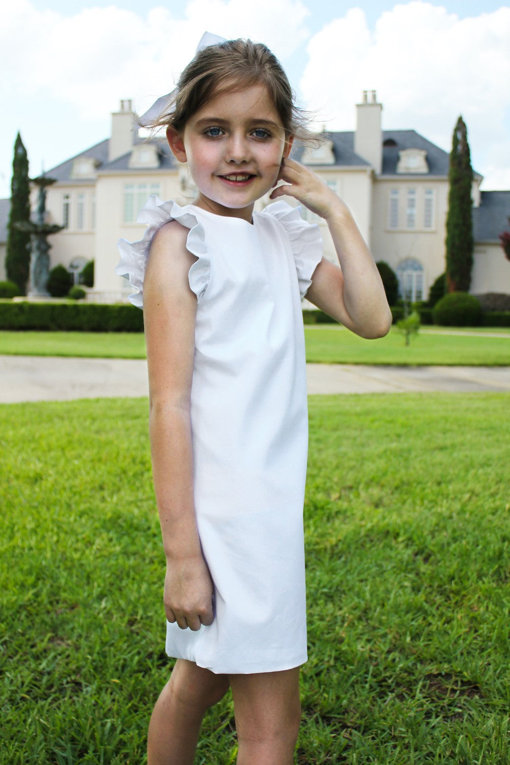 Susanne Lively Girls Pique A-Line Dress with Flutter Sleeves - White
