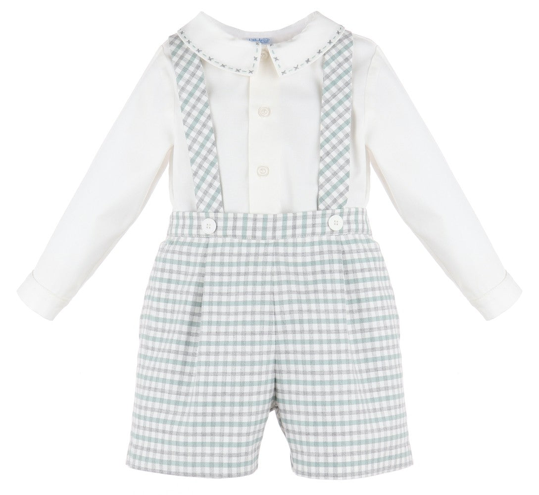Luli & Me Baby Boys Suspender Shorts Set with Shirt - Mint Green & Grey Check