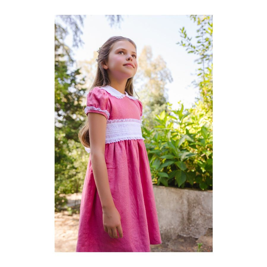 Sal & Pimenta Girls Dress with Cummerbund Sash - Raspberry Pink Linen