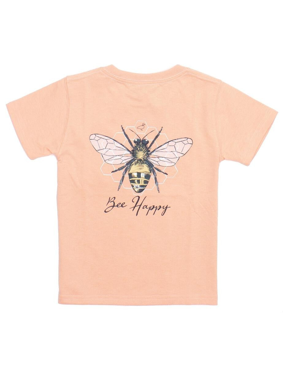 Properly Tied Girls T-Shirt - Logo Pocket - Back Graphic - Bee Happy on Melon - Short Sleeves