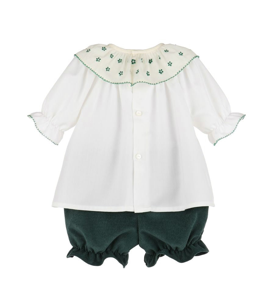 Luli & Me Girls Winterberry Cord Embroidered Bloomers Set - Green by Luli & Me