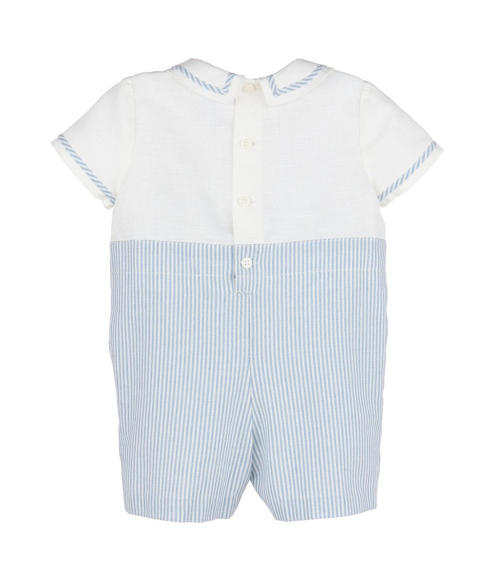 Luli & Me Boys White & Light Blue Striped Linen Blend Romper with Collar by Luli & Me