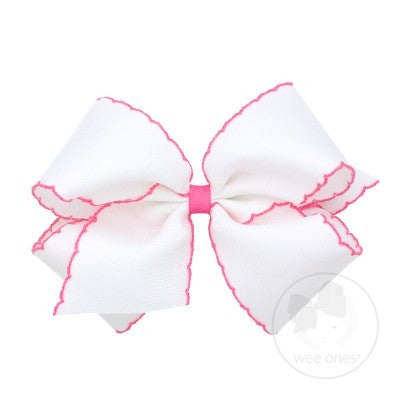 Wee Ones Girls Classic Moonstitch Bow - White with Hot Pink