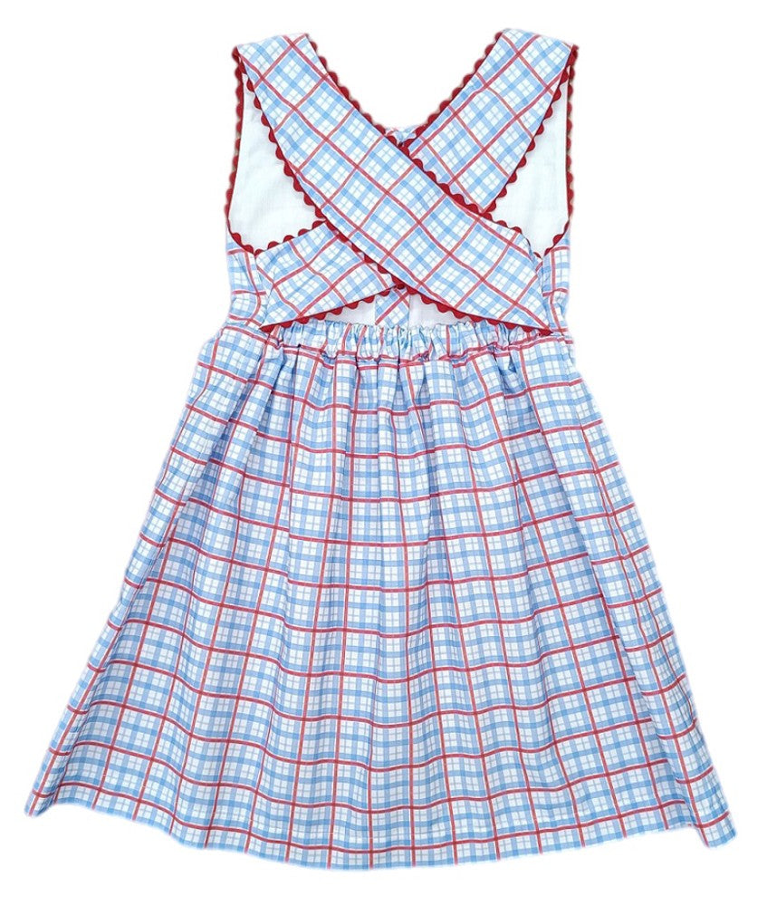 James & Lottie Girls Sammy Cross Back Dress - Patriotic Plaid