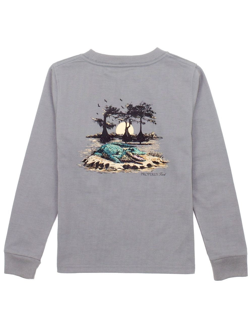Properly Tied Boys Shirt - Logo Pocket on Front - Back Graphic - Bayou Alligator Gator on Battleship Grey