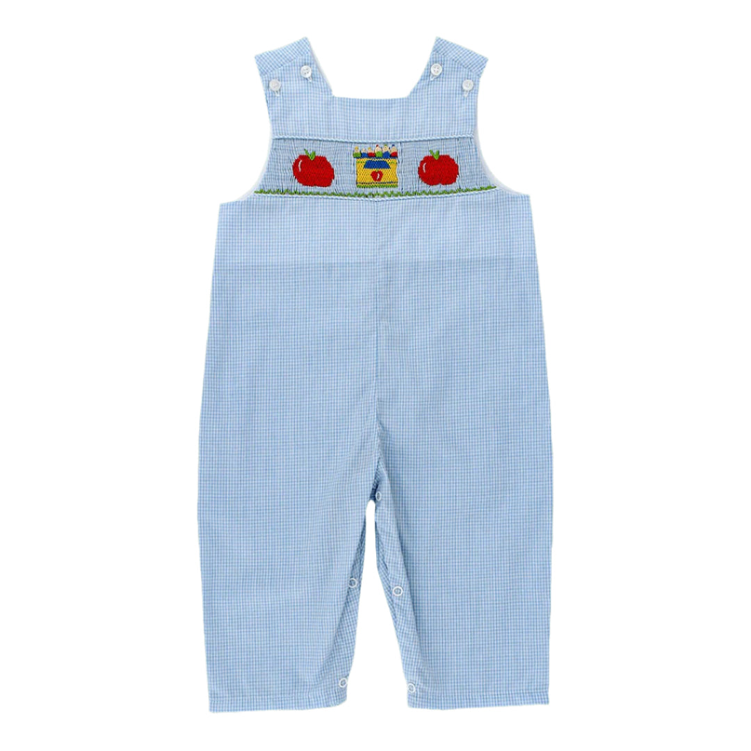 Bailey Boys Baby / Toddler Smocked Back to School Longall - Blue with Smocked Crayons & Apples