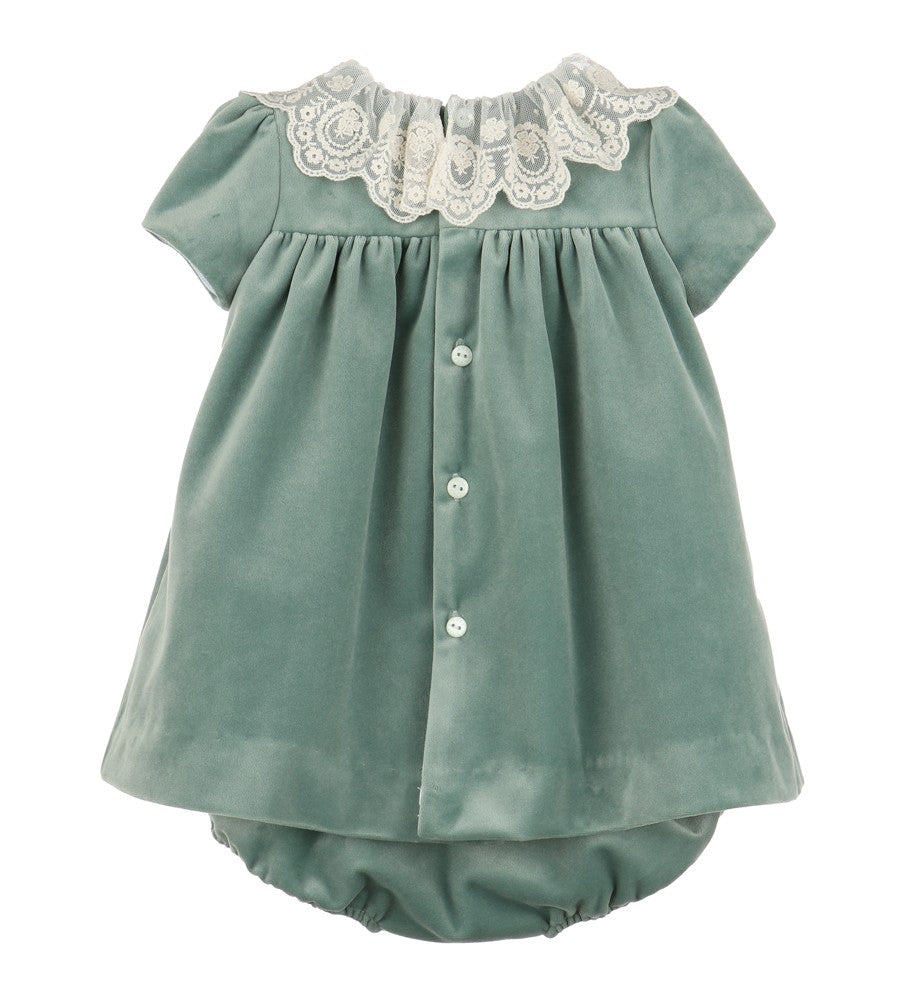 Luli & Me Girls Deluxe Velvet Float Dress - Lace Collar - Aqua Sage Green