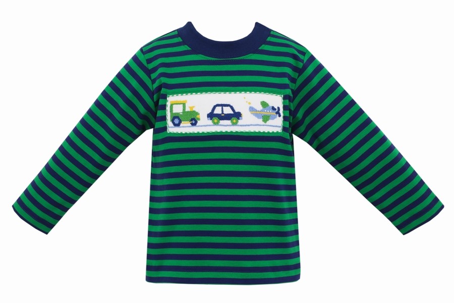 Anavini Boys Long Sleeve Shirt - Green / Blue Stripes - Smocked Transportation