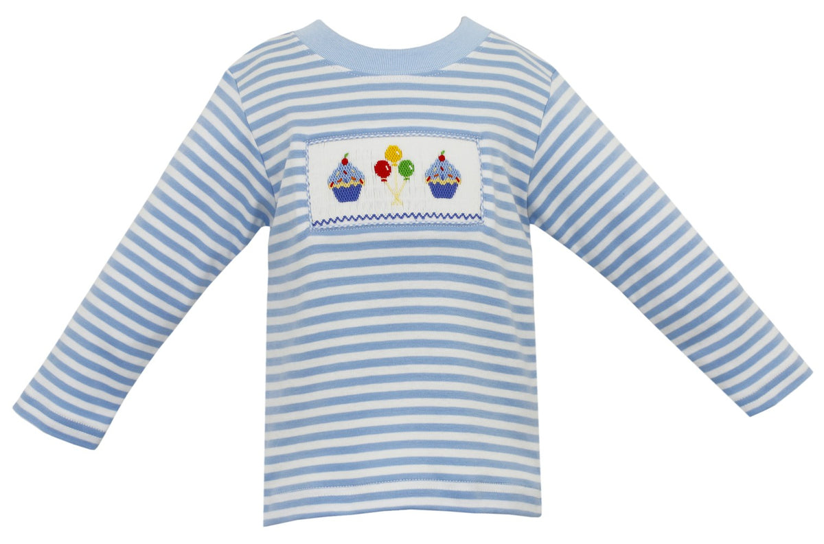 Anavini Velani Boys Blue Stripe Knit Birthday Shirt - Smocked by Anavini