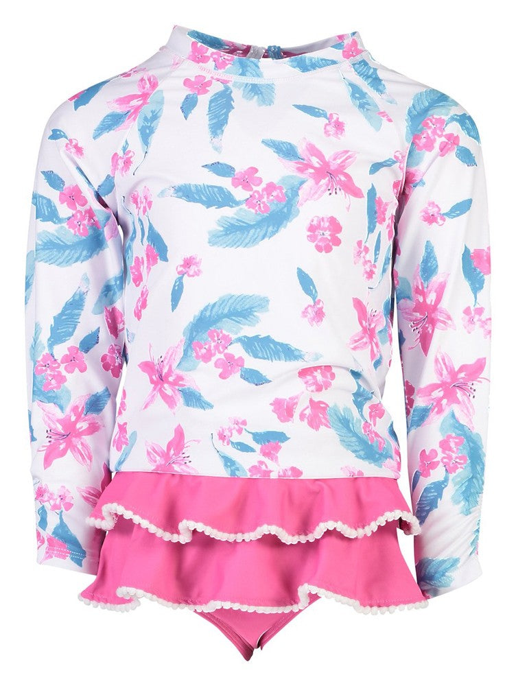 Snapper Rock Girls Fuchsia Pink / Blue Lily Long Sleeve Ruffle Swim Set