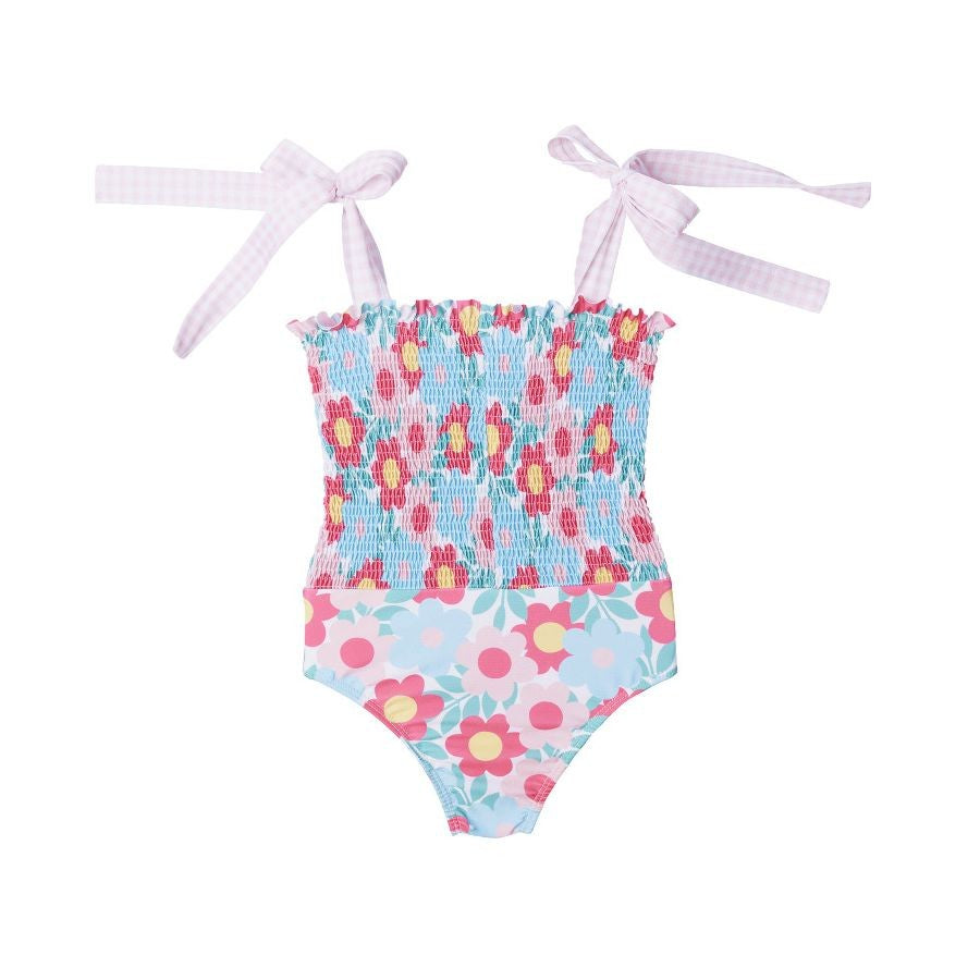 Sal & Pimenta Girls Swimsuit - Retro Flowers - Bows on Shoulders - Smocked One Piece by Sal & Pimenta