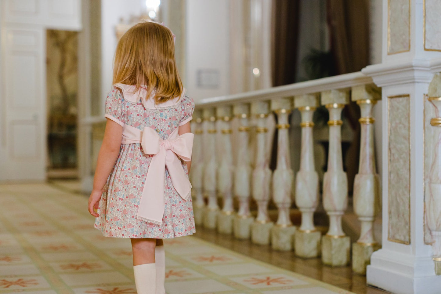 Sal & Pimenta Girls Dress - Pink Bouquet Floral with Sash - Smocked Collar