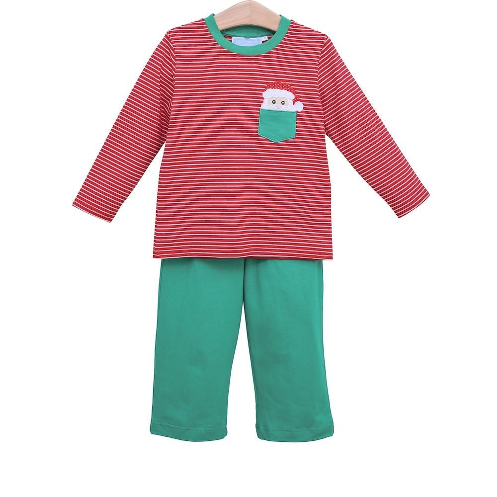 Trotter Street Kids Boys Green Pants with Red Santa Pocket Shirt