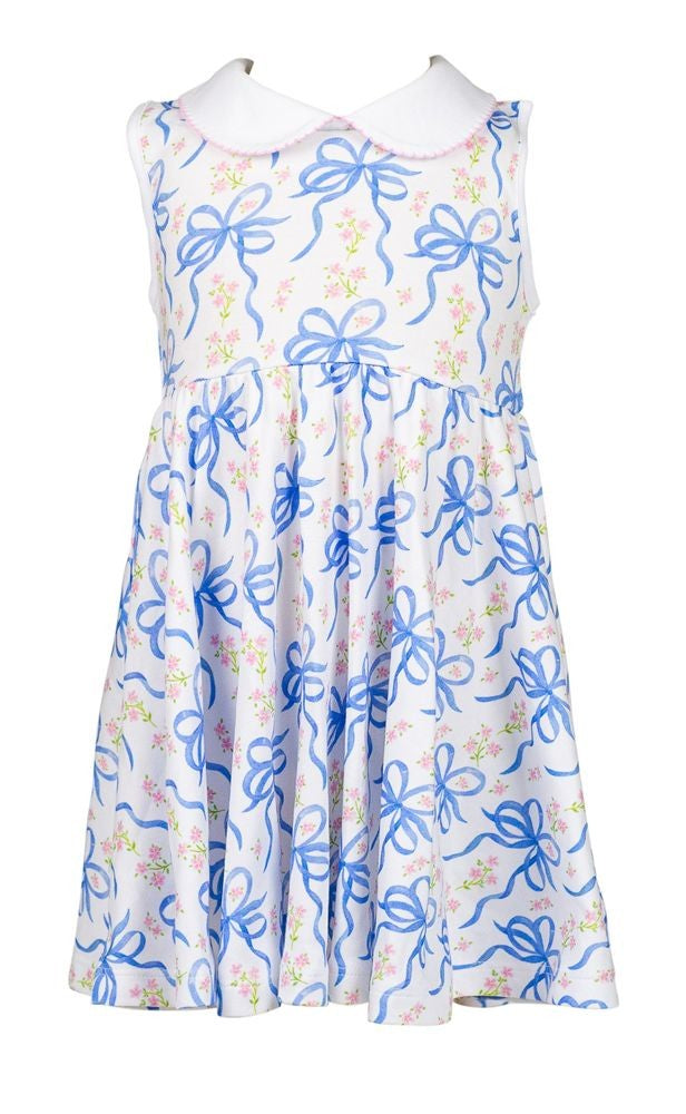 Proper Peony Pima Girls Blue Blossom Bows Twirl Dress
