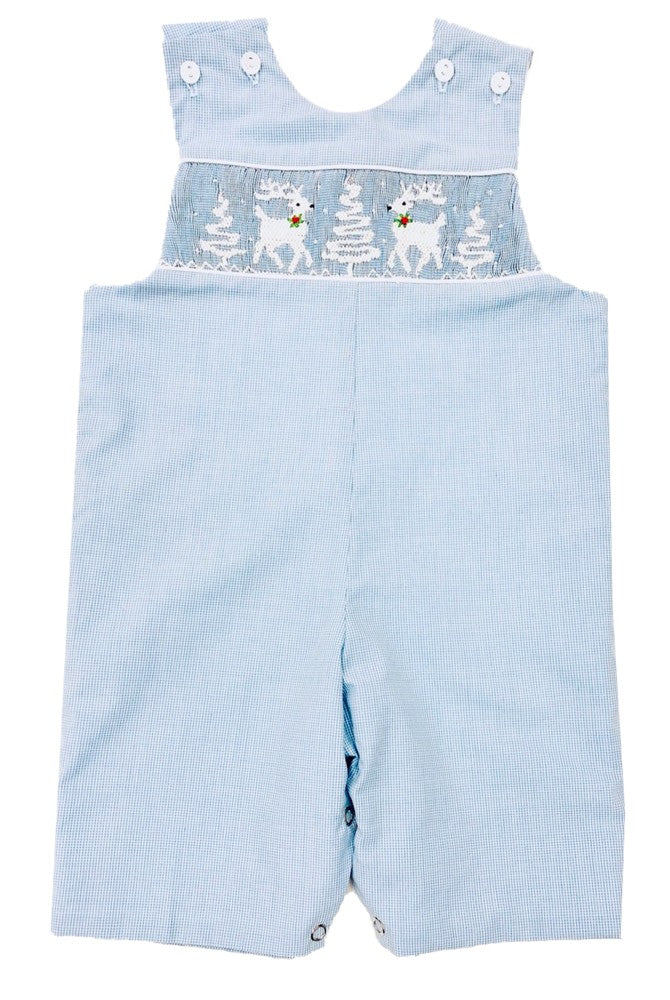 The Best Dressed Child Baby / Toddler Boys Blue Check Smocked White Reindeer & Snowy Trees Longall