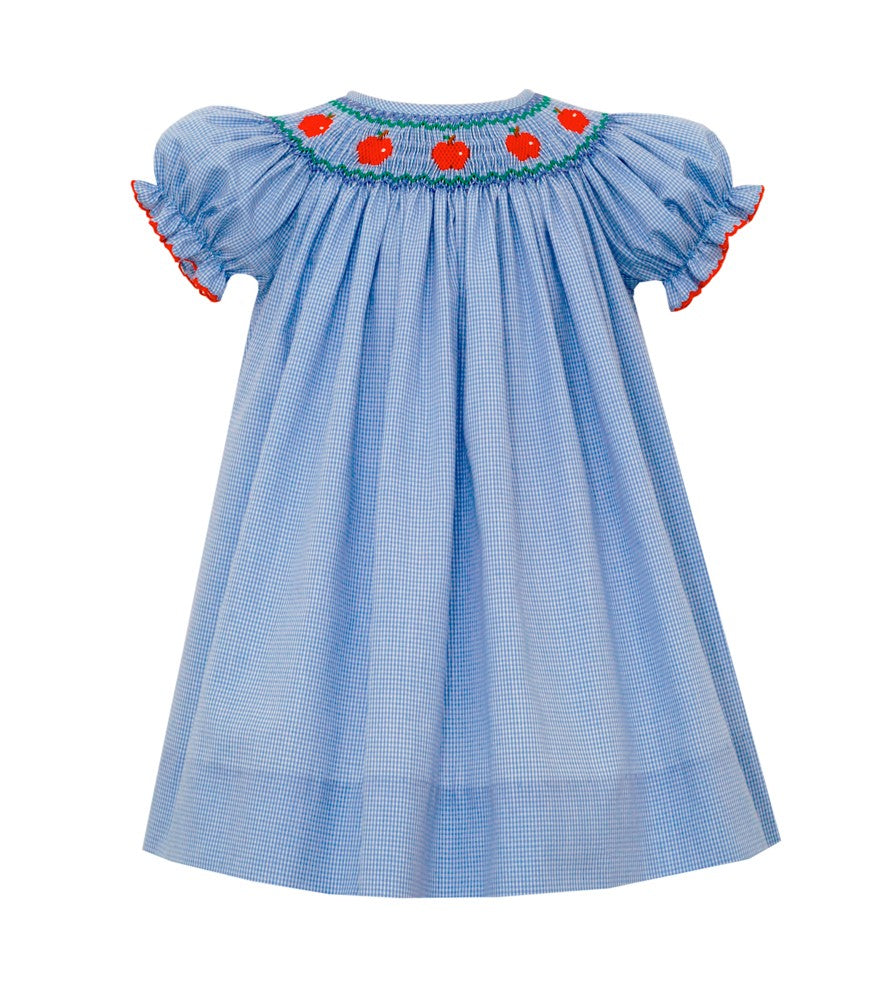 Petit Bebe Girls Blue Check Dress - Smocked Apples - Bishop