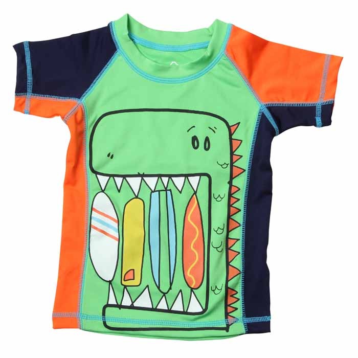 Wes & Willy Boys Green / Orange Dinosaur Surf Snack Rash Guard Shirt