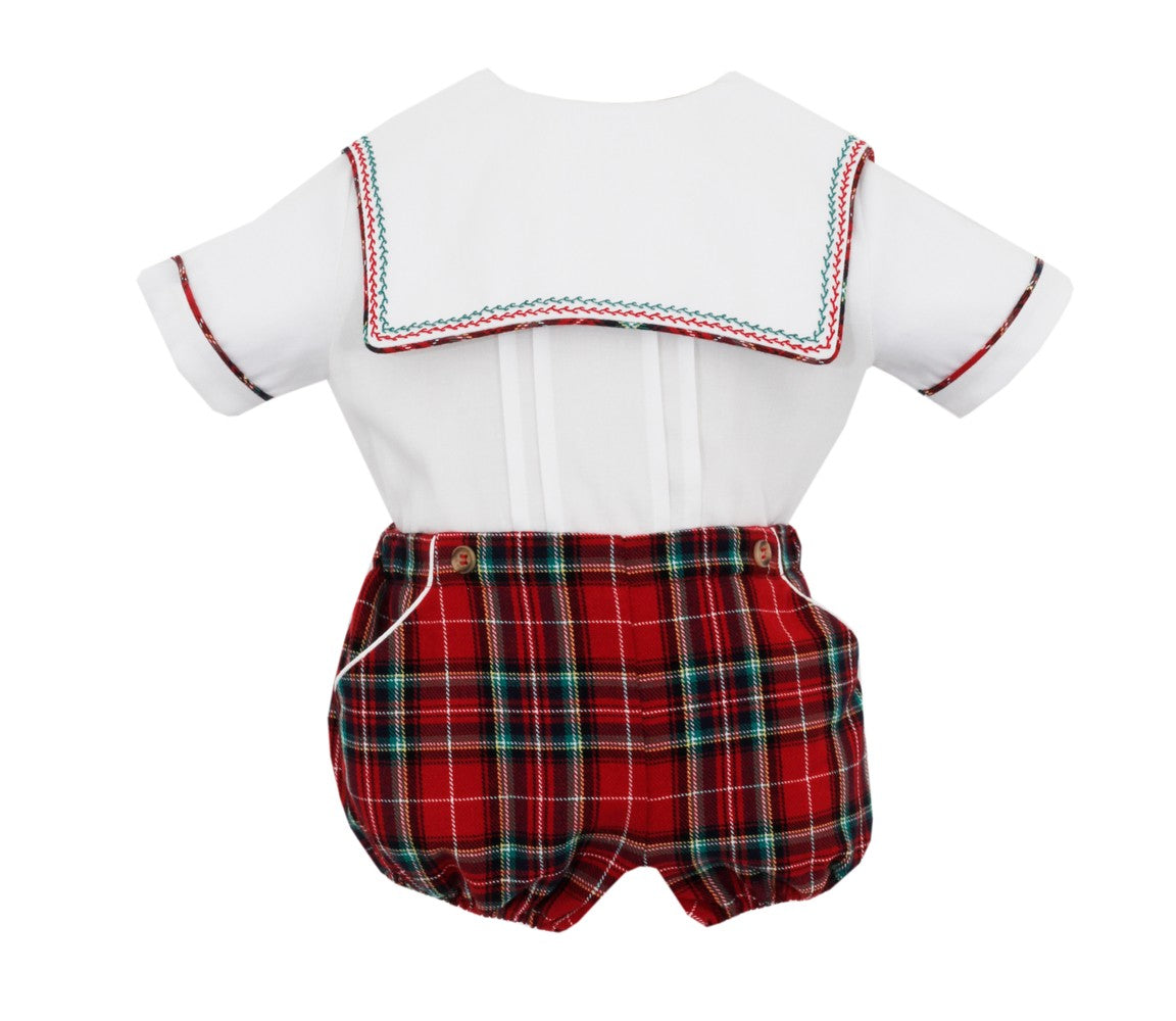 Anavini Couture Boys Red Holiday Plaid Bubble Set with Square Collar