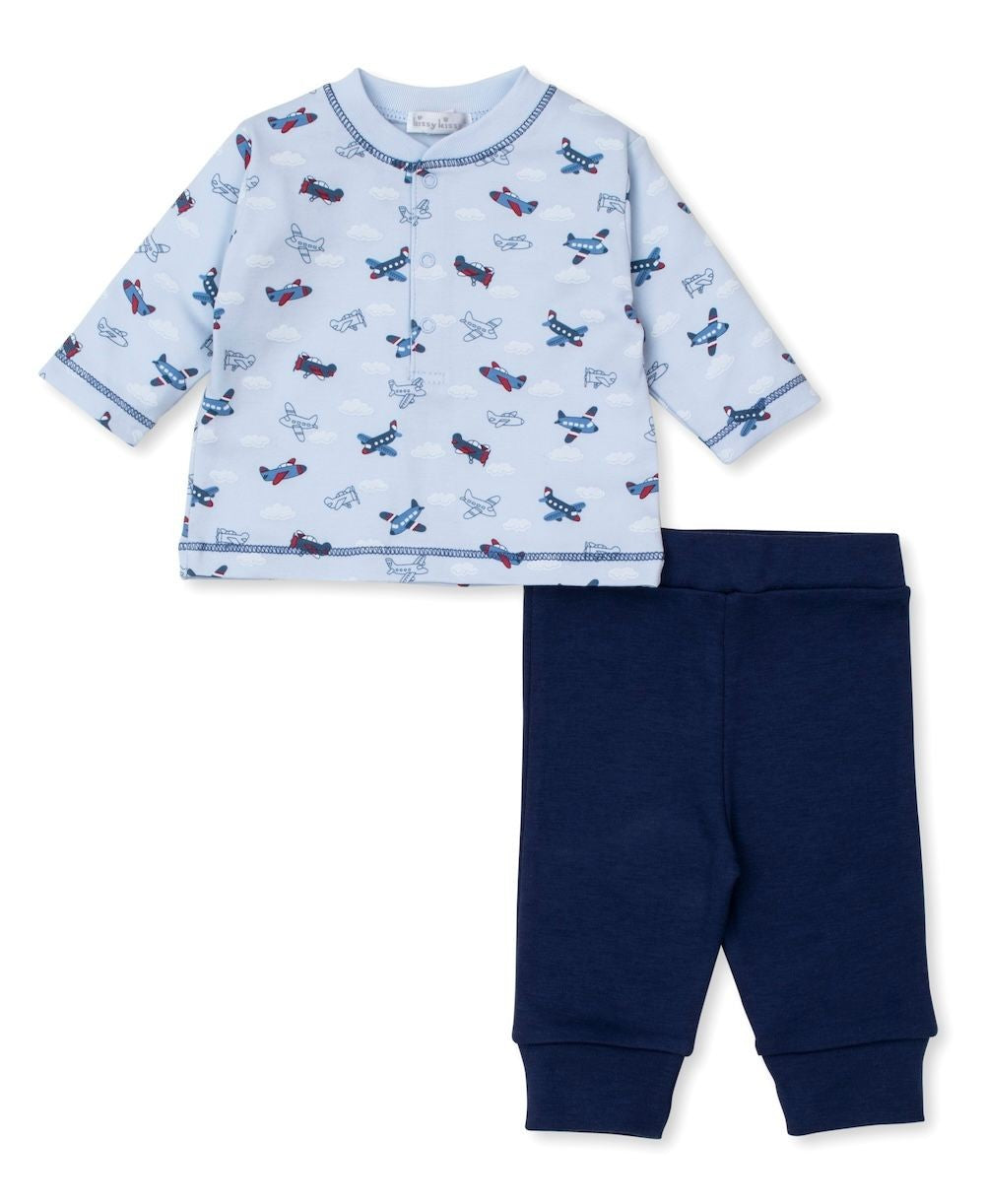 Kissy Kissy Baby Boys Navy Blue Pants with Sky High Airplanes Shirt