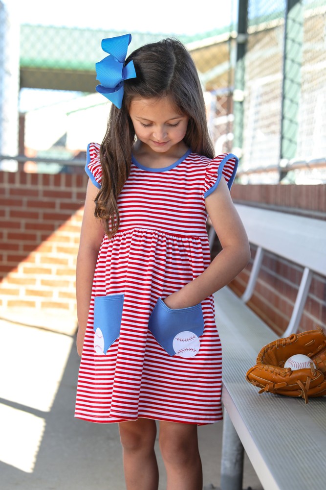 Trotter Street Kids Girls Red Baseball Pocket Dress