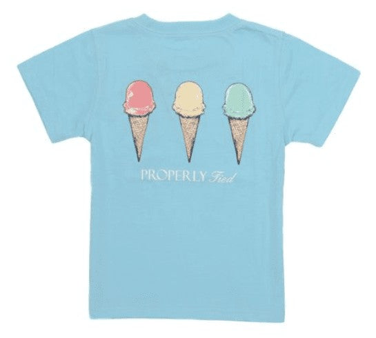 Properly Tied T-Shirt - Logo Pocket on Front - Back Graphic - Triple Ice Cream Cones on Aqua Blue