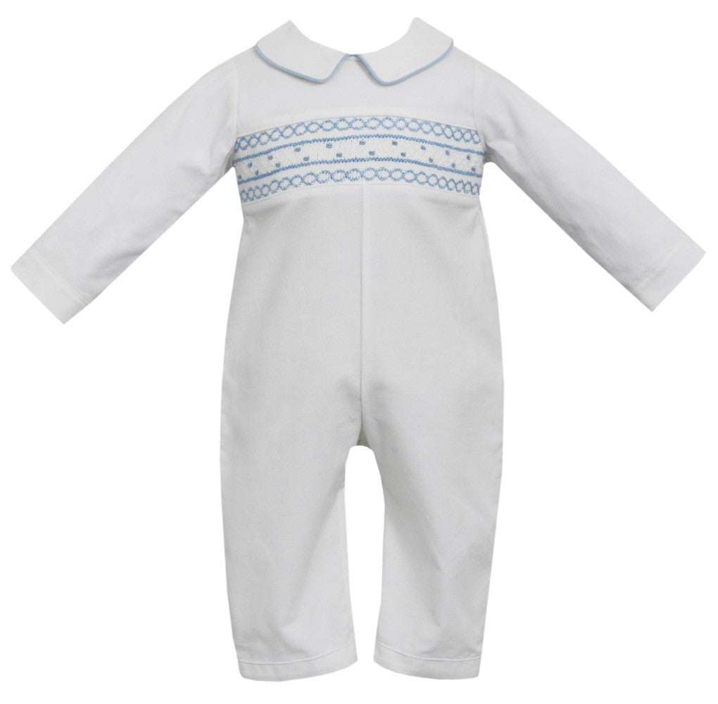 Petit Bebe Baby Boys Winter White Corduroy Romper - Smocked in Blue by Petit Bebe