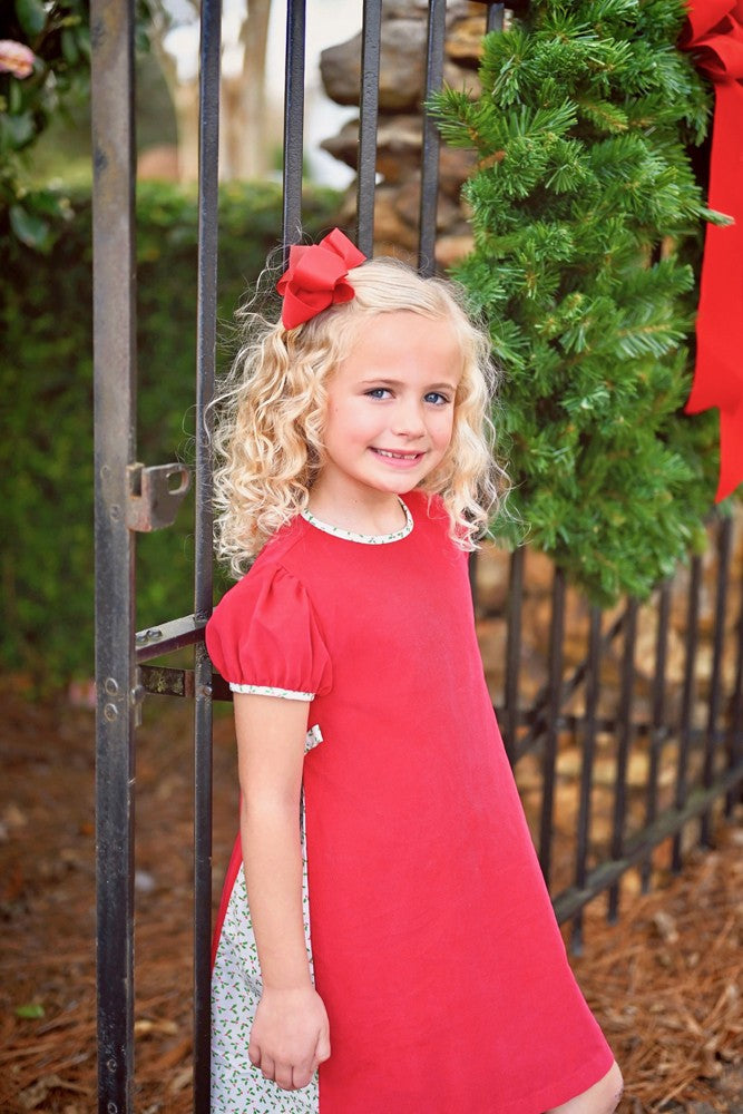 James & Lottie Girls Red Cord Cece Christmas Dress with Holly Accents 4T James & Lottie Girls Red Cord Cece Christmas Dress with Holly Accents 4T