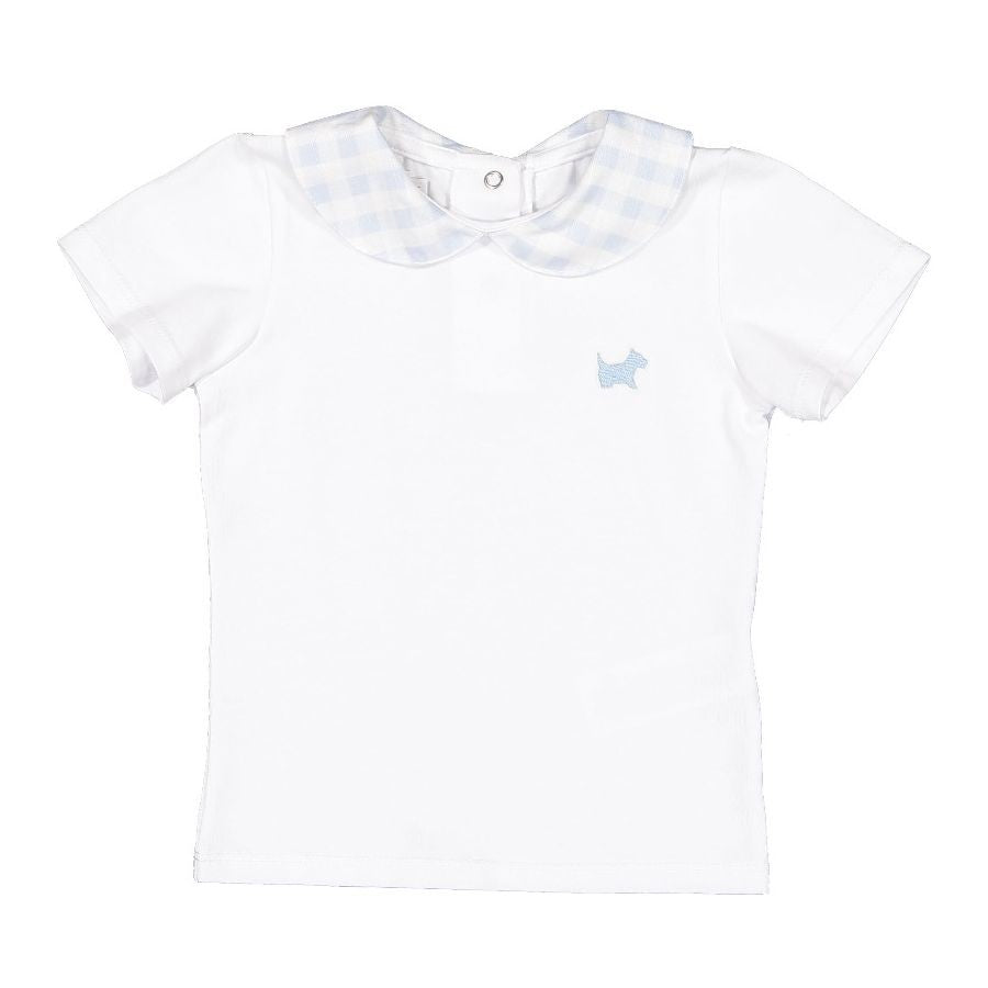 Sal & Pimenta Toddler Boys White Polo Shirt - Blue Gingham Peter Pan Collar