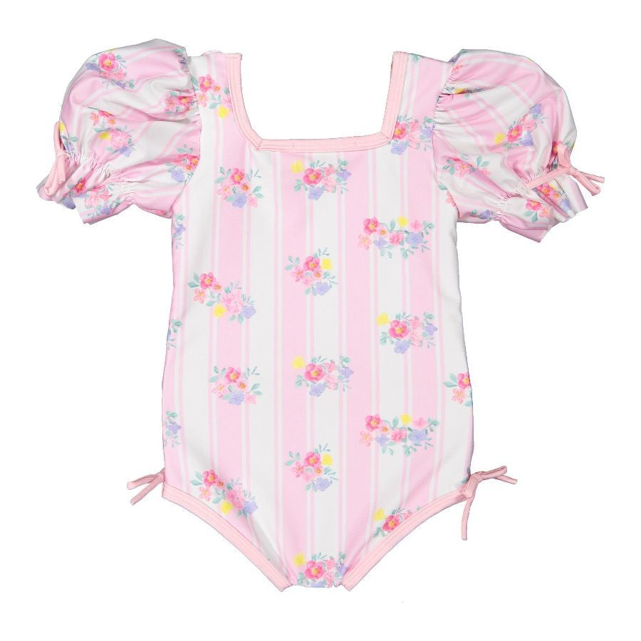 Sal & Pimenta Girls Puff Sleeve Swimsuit - Pink Stripes & Floral Treville