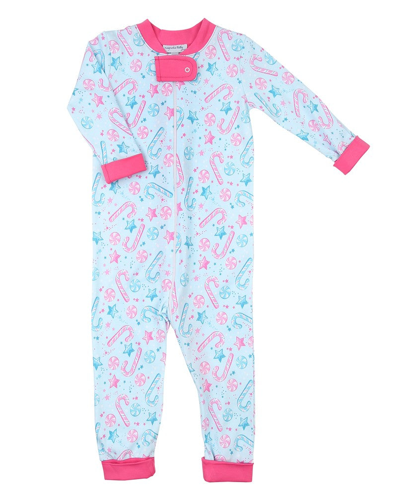 Magnolia Baby Girls Blue with Pink Candy Cane Lane Zipped Pajamas