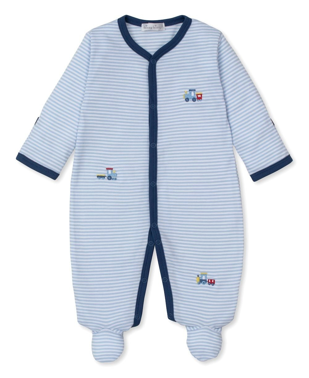 Kissy Kissy Baby Boys Navy Blue Rambling Train Railroad Zipper Footie - Stripes