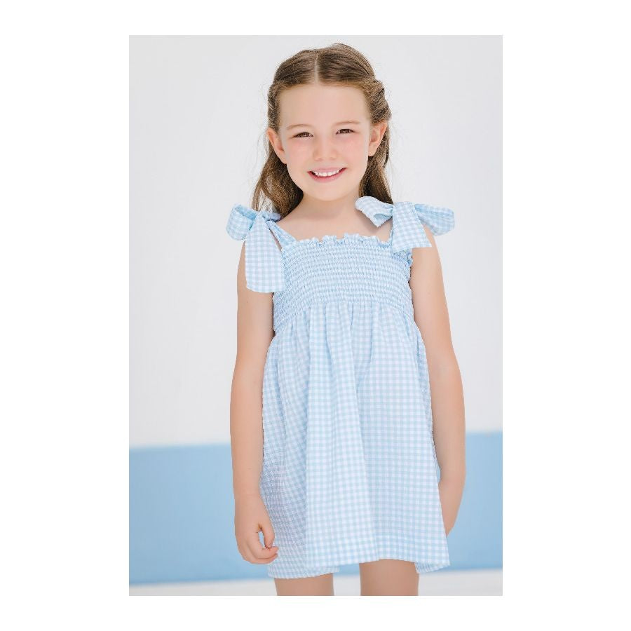 Sal & Pimenta Girls Smocked Dress with Ties - Capri Blue Gingham