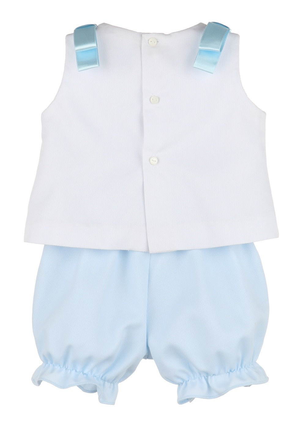 Luli & Me Toddler Girls Light Blue Pique Party Dots Bloomers Set - Bows on Shoulders