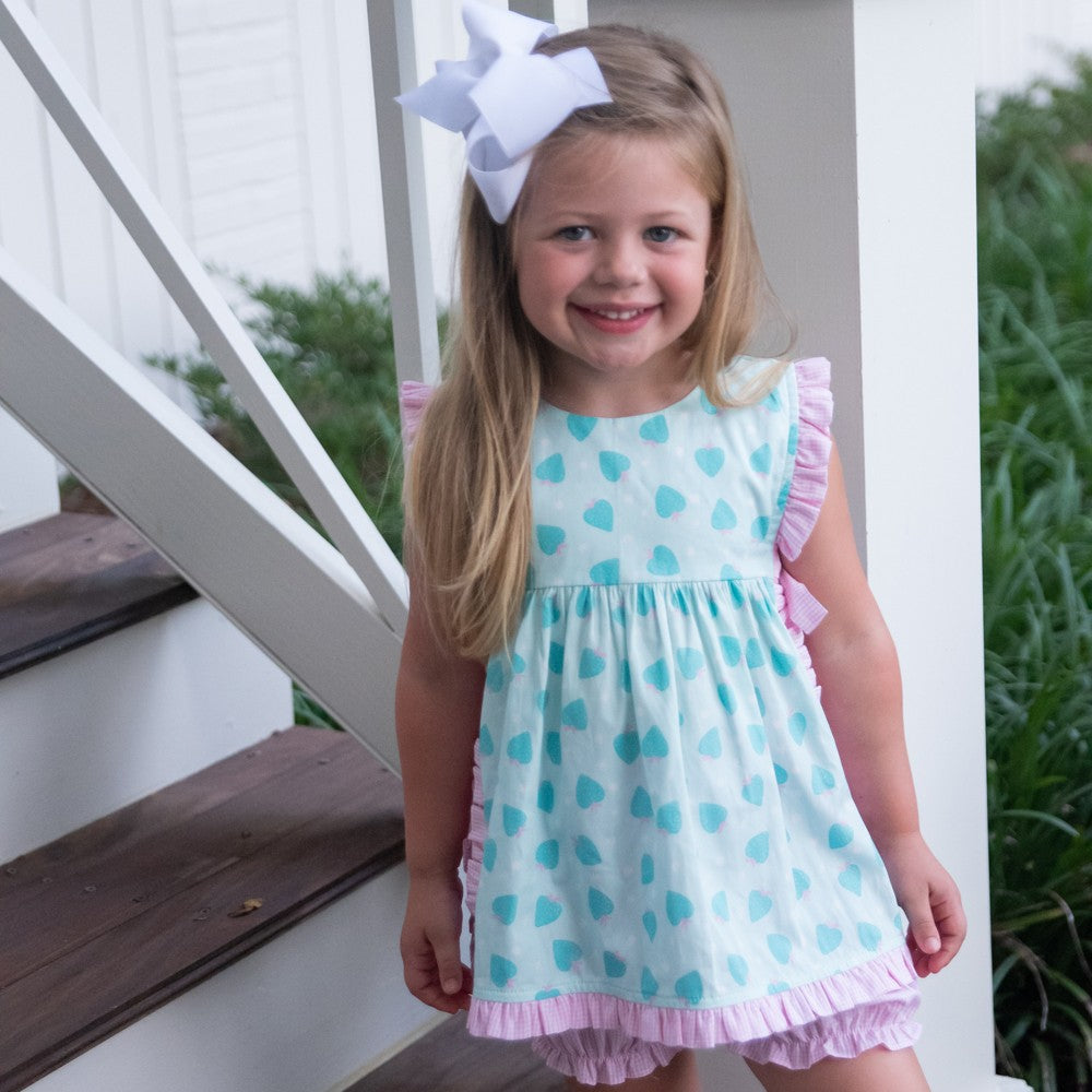 James & Lottie Girls Abigail Bloomers / Shorts Set with Side Bows - Strawberry Print