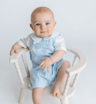 Feltman Brothers Baby Boys Light Blue Embroidery Train Shortall with Shirt by Feltman Brothers