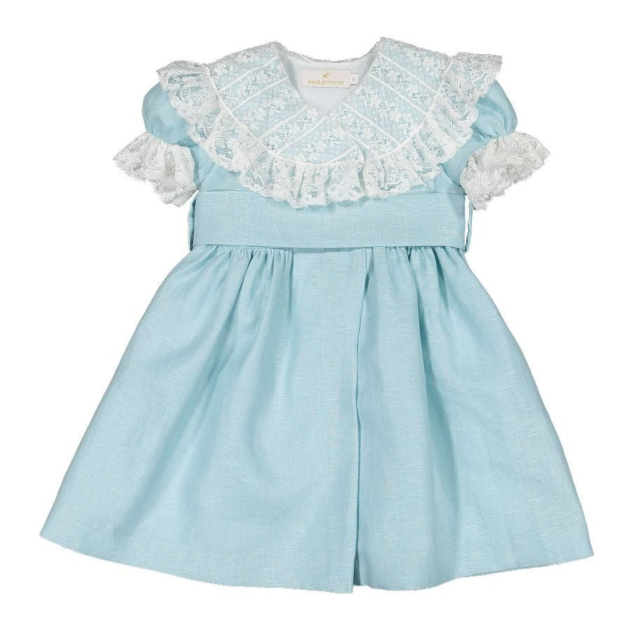 Sal & Pimenta Girls Dress - Turquoise Linen - Crossed Lace Collar