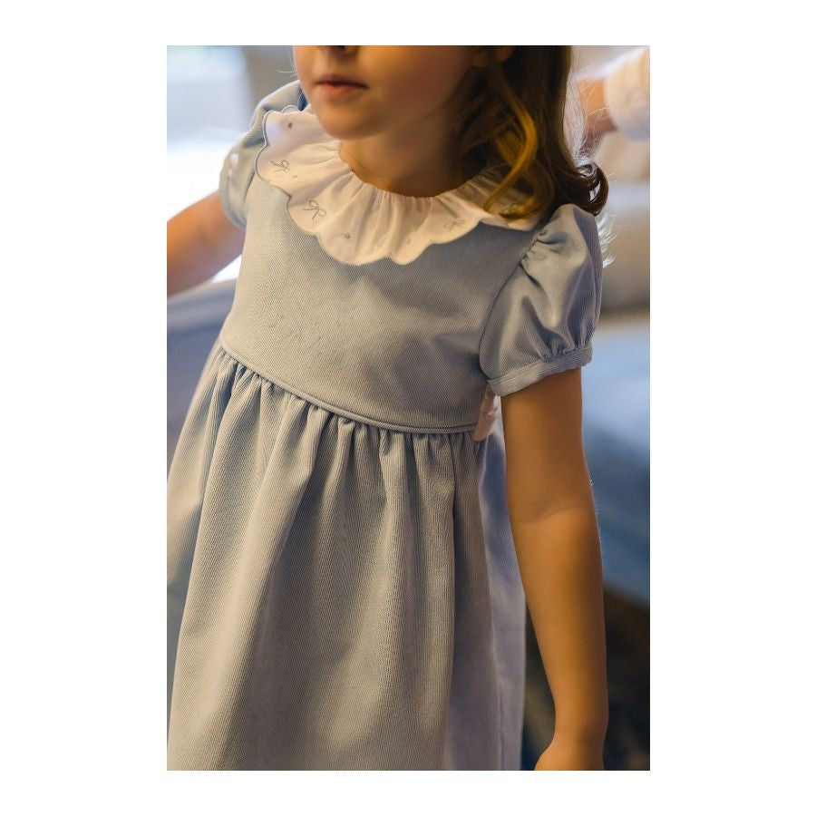 Sal & Pimenta Girls Corduroy Sash Dress - Embroidery Bows on Ruffle Collar - Blue