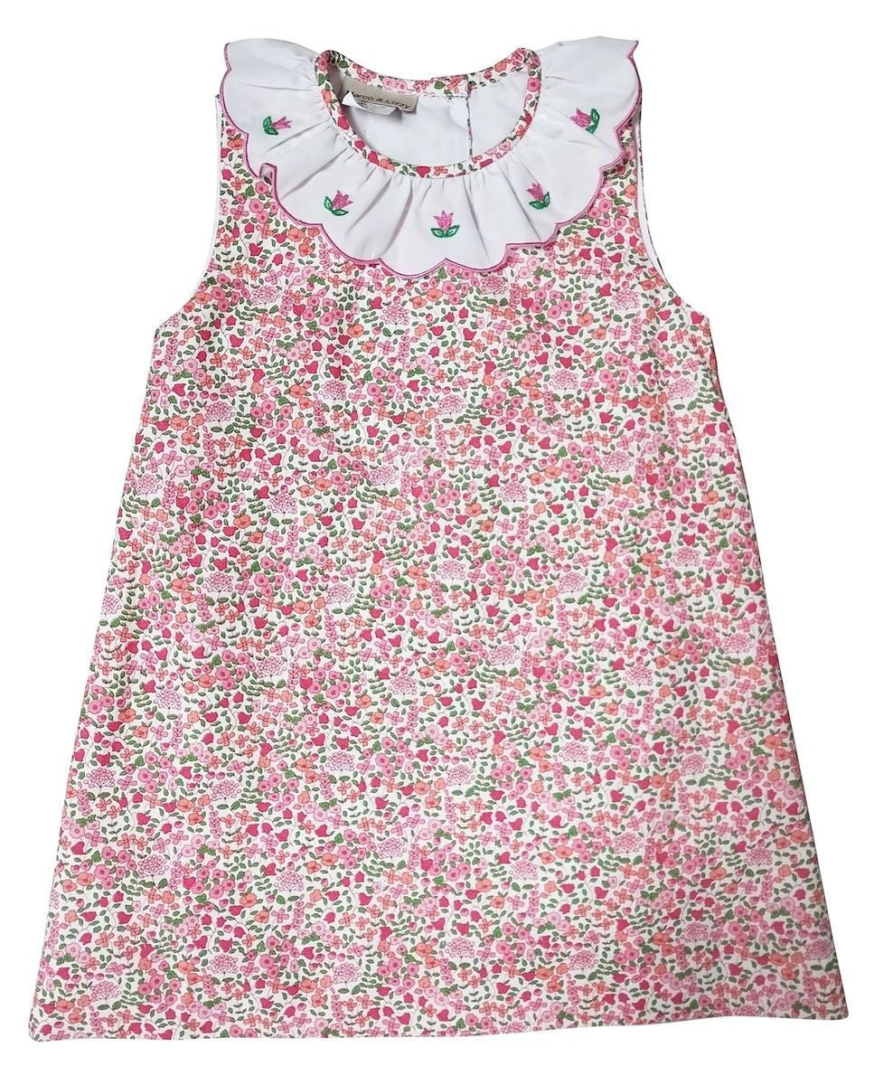 Marco & Lizzy Girls Pink Floral Sleeveless Dress - Embroidered Collar