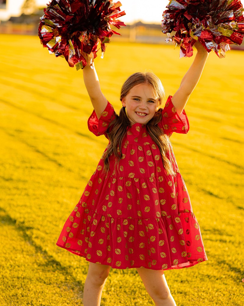Yellow Lamb Girls Game Day Tiered Dress - Gold Footballs - Red