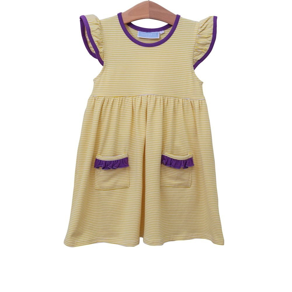 Trotter Street Kids Girls Lucy Game Day Dress - Yellow Stripe - Purple Trim - LSU Tigers